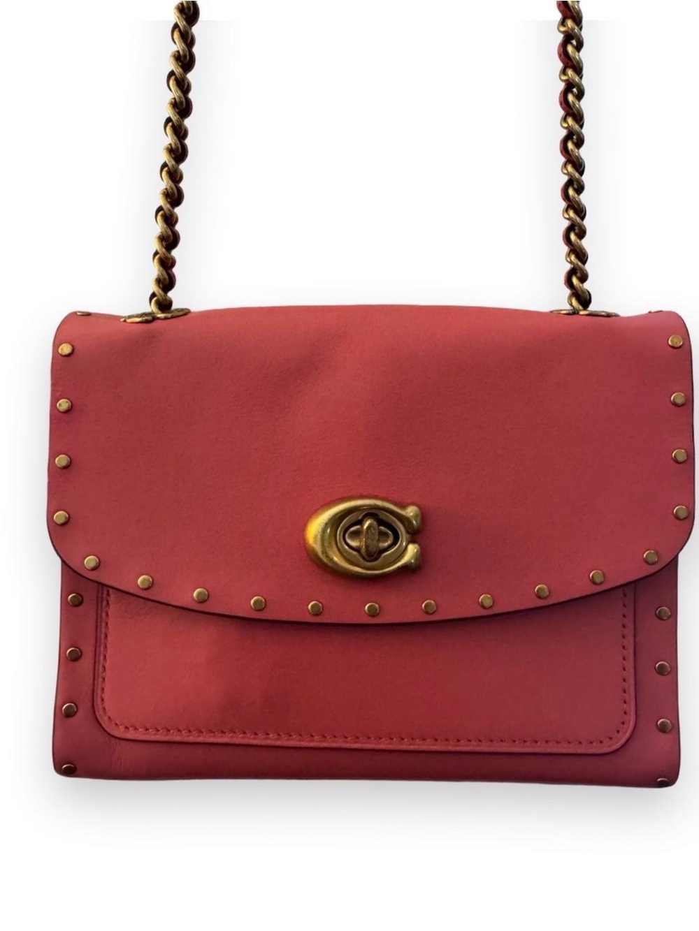 Coach 29989 Pink Leather Studded Chain Strap Turnlock Crossbody Shoulder Bag